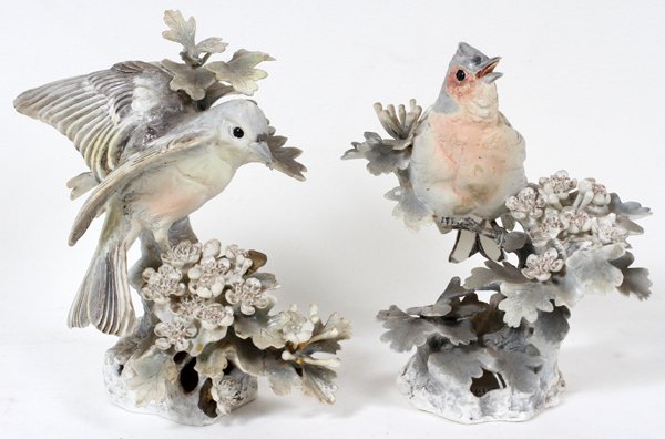 DOROTHY DOUGHTY ROYAL WORCESTER CHAFFINCHES: DOROTHY DOUGHTY FOR ROYAL WORCESTER, PORCELAIN CHAFFINCHES, TWO, H 7", L 6":depicts two porcelain figures of Chaffinch sitting on flowered stems;