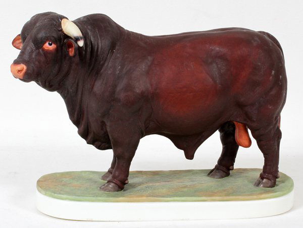 DORIS LINDNER FOR ROYAL WORCESTER BULL: DORIS LINDNER FOR ROYAL WORCESTER, PORCELAIN SANTA GERTRUDIS BULL, H 7", L 10":Royal Worcester mark, signed Doris Lindner and dated 1961on the underside. 7 1/2" H x 10 1/2' L.
