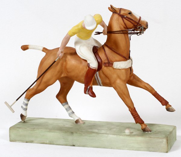 DORIS LINDNER FOR ROYAL WORCESTER, FIGURE: DORIS LINDNER FOR ROYAL WORCESTER, PORCELAIN FIGURE 'THE POLO PLAYER', H 7", L 8":Royal Worcester mark, signed Doris Lindner and inscribed: "The Polo Player", #06121, #3163, on integral rectangular ba