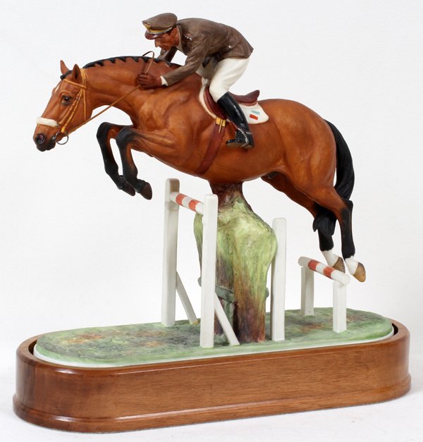 DORIS LINDNER FOR ROYAL WORCESTER FIGURE: DORIS LINDNER FOR ROYAL WORCESTER, PORCELAIN FIGURE 'MERANO', H 9 1/4", L 11":having inscribed on the underside Royal Worcester mark and "Merano And Cap. Raimondo d'Inzeo" modelled by Doris Lindner, 1