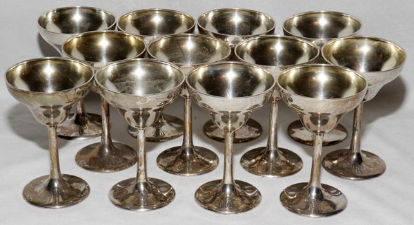 FRANK W. SMITH SILVER CO. STERLING CORDIALS: FRANK W. SMITH SILVER CO. STERLING CORDIALS, SET OF TWELVE, H 4 1/4":All are monogrammed (but in two different monogram-three with one, nine with another).