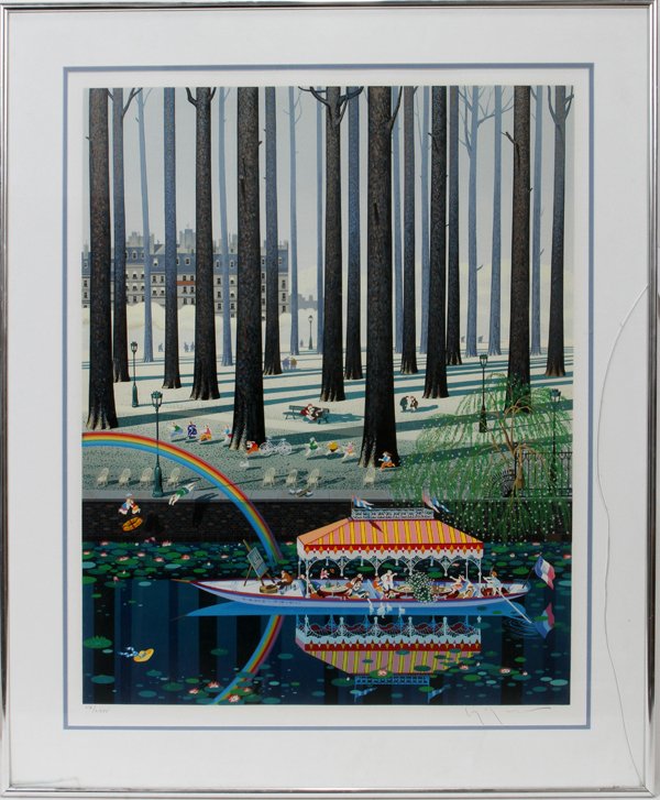 HIRO YAMAGATA [JAPAN B. 1948] LITHOGRAPH: HIRO YAMAGATA [JAPAN B. 1948] LITHOGRAPH, 33" X 26", "FESTIVAL IN THE PARK":Signed lower right and numbered edition LX/LXXV. Framed and matted under glass.