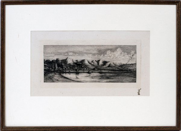 CHARLES MERYON (1821-1868), ETCHING,: CHARLES MERYON (1821-1868), ETCHING, 6 1/4" X 12 3/4", 'PRESQU'ILE DE BANKS. . .':Titled "'Presqu'ile de Banks, Pointe des Charbonniers, Akaroa", no inscriptions, under non-glare glass with matting, c