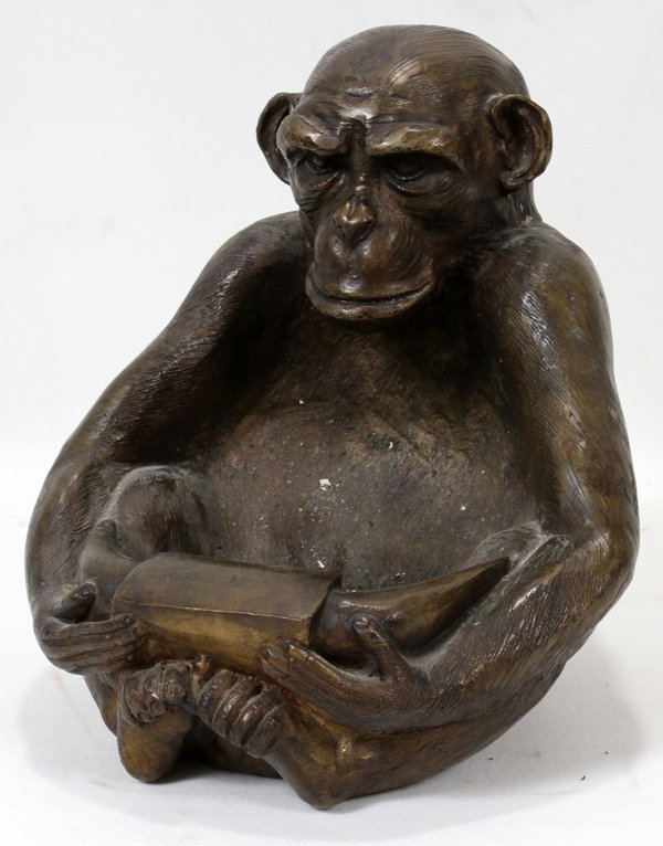 BRONZE-FINISHED PLASTER FIGURE OF A MONKEY: BRONZE-FINISHED PLASTER FIGURE OF A SEATED MONKEY, H 9 1/2", W 9 1/2", D 8":No apparent markings.