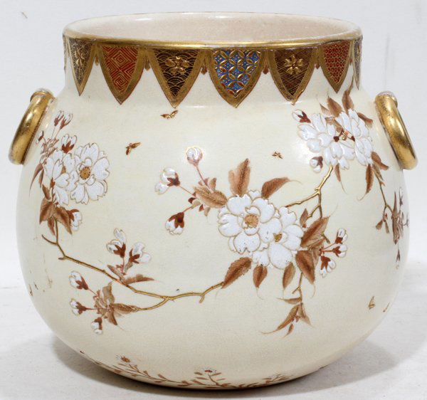 JAPANESE HAND-DECORATED EARTHENWARE VASE: JAPANESE HAND-DECORATED EARTHENWARE VASE, SIGNED, C. 1900, H 7", DIA 6":Hand decorated. Raised gilt and enamel decoration. Signed on base.