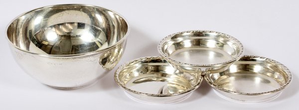 GORHAM & WEBSTER CO. STERLING TABLE WARE: GORHAM & WEBSTER CO. STERLING TABLE WARE, FOUR PIECES:Including 1 Gorham sterling silver bowl, number 772, H.1 3/4", Dia.3 3/4", and a set of 3 Webster Co. sterling silver ash receivers, Dia.2 5/8". F