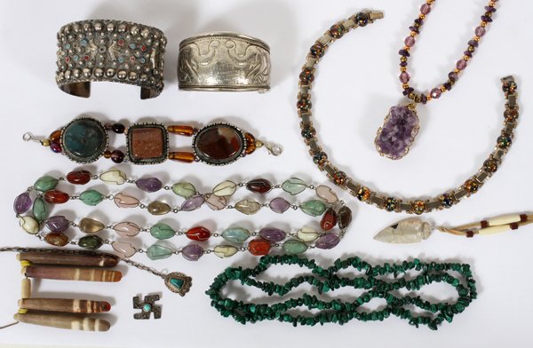 SILVER & MULTI-STONE & GLASS JEWELRY,9 PCS: SILVER & MULTI-STONE & GLASS BEADED JEWELRY, NINE PIECES:Silver pieces, unmarked, include 2 bracelets together with 1 bracelet and 5 necklaces made up of various glass and stone beads. Also includes a