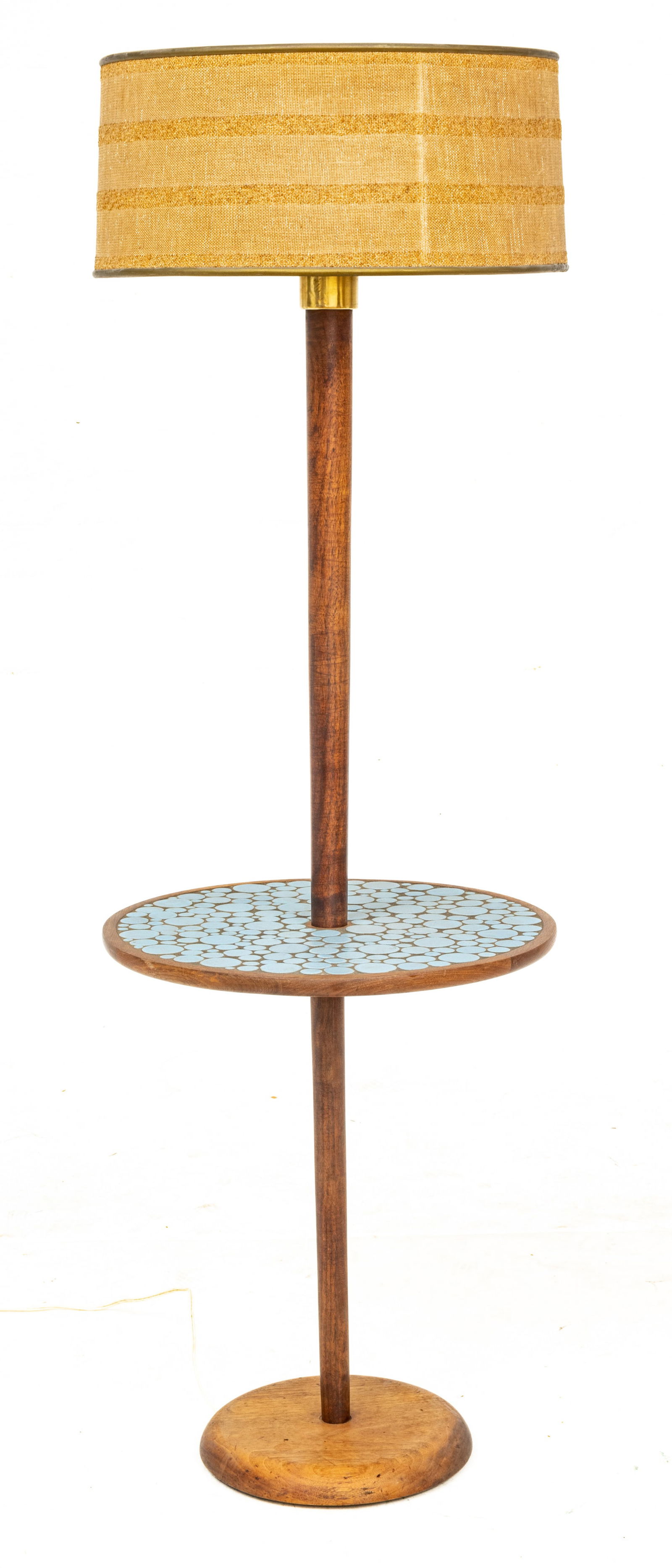 Martz & Marshall Studios (Veedersburg, Indiana) Tile Floor Lamp, Ca. 1960: Martz & Marshall Studios (Veedersburg, Indiana) Tile Floor Lamp, Ca. 1960 Offering a walnut frame. The table offers a veneer of diversely sized robin's egg blue glazed concentric tiles. The light sock