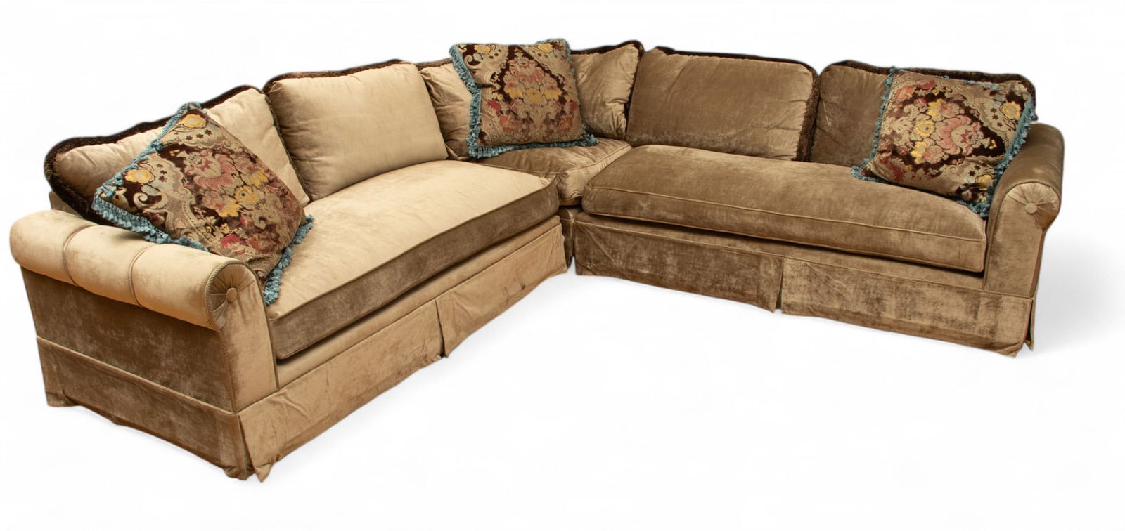 Phyllis Morris (American) 3-Section Upholstered 'L' Shape Sofa, Velvet Upholstery , Ca. 2000: Phyllis Morris (American) 3-Section Upholstered 'L' Shape Sofa, Velvet Upholstery , Ca. 2000 Two sections with each one arm, (one a sofa bed) 2 back pillows, L 78" H 30''D 40". One corner section W 40