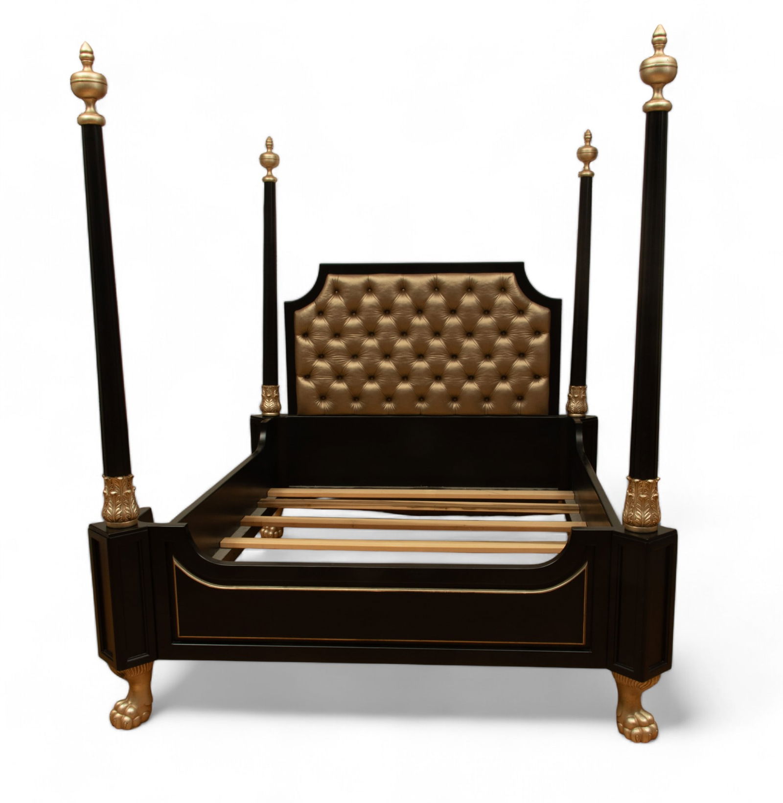 Phyllis Morris (American) Black Lacquered Queen Poster Bed, Tufted Headboard, Ca. 2000: Phyllis Morris (American) Black Lacquered Queen Poster Bed, Tufted Headboard, Ca. 2000 Shimmering bronze tone tufted faux leather headboard on black lacquered frame and bed posts with silver gilt high