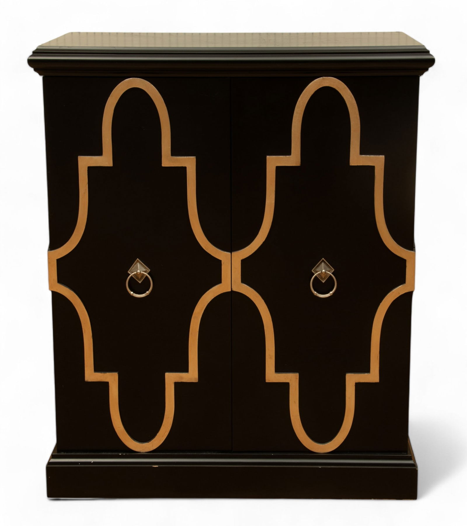 Phyllis Morris (American) Black Glazed Cabinet, Silver Gilt Decoration: Phyllis Morris (American) Black Glazed Cabinet, Silver Gilt Decoration A rectangular form tabletop surface with rounded edges. Two cabinet doors with silver pull handles revealing six sliding drawers.