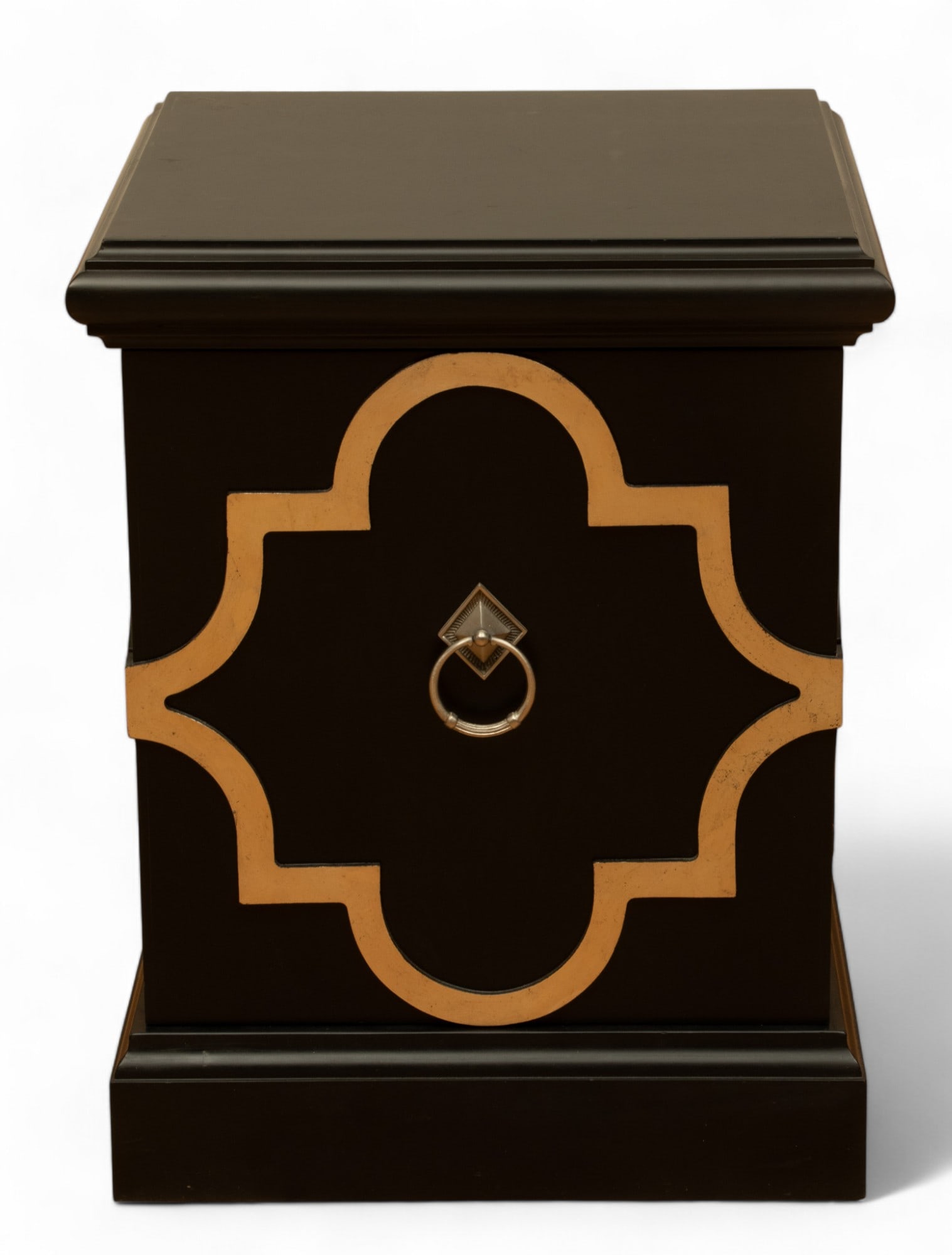 Phyllis Morris (American) Black Lacquered Cabinet, Silver Gilt Decoration: Phyllis Morris (American) Black Lacquered Cabinet, Silver Gilt Decoration A square form tabletop surface with rounded edges. One cabinet door with silver pull handle revealing two interior shelves. Fi