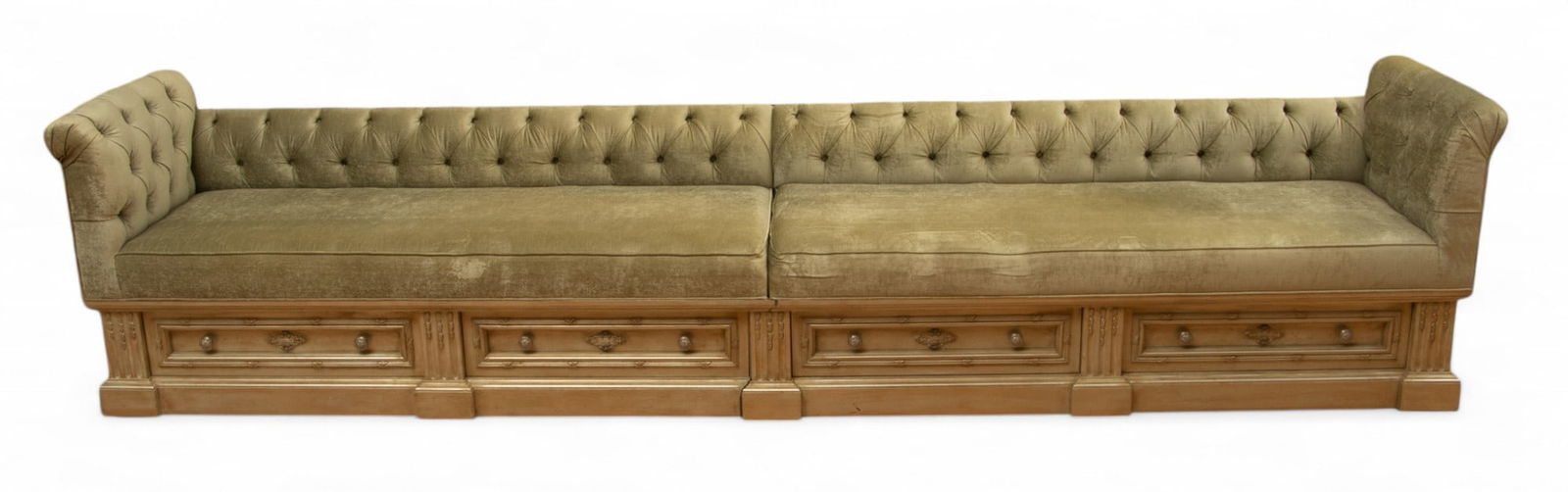 Phyllis Morris (American) Long Wood Base 2-Section Bench, Tufted Upholstered Back, Ca. 2000: Phyllis Morris (American) Long Wood Base 2-Section Bench, Tufted Upholstered Back, Ca. 2000 Each bench with tufted sage green velvet upholstery with scrolling arms and short back. On a silvered wood b