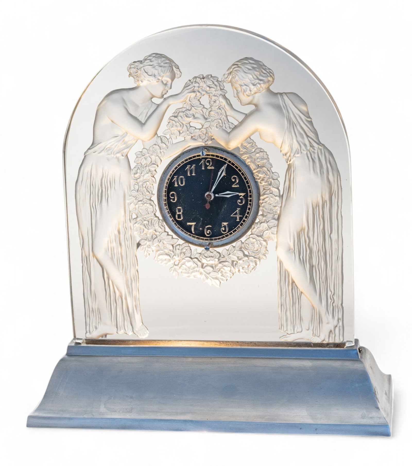 Rene Lalique (French) 'Deux Figurines' Molded & Frosted Glass Mantel Clock, 1928 (1 of 8)