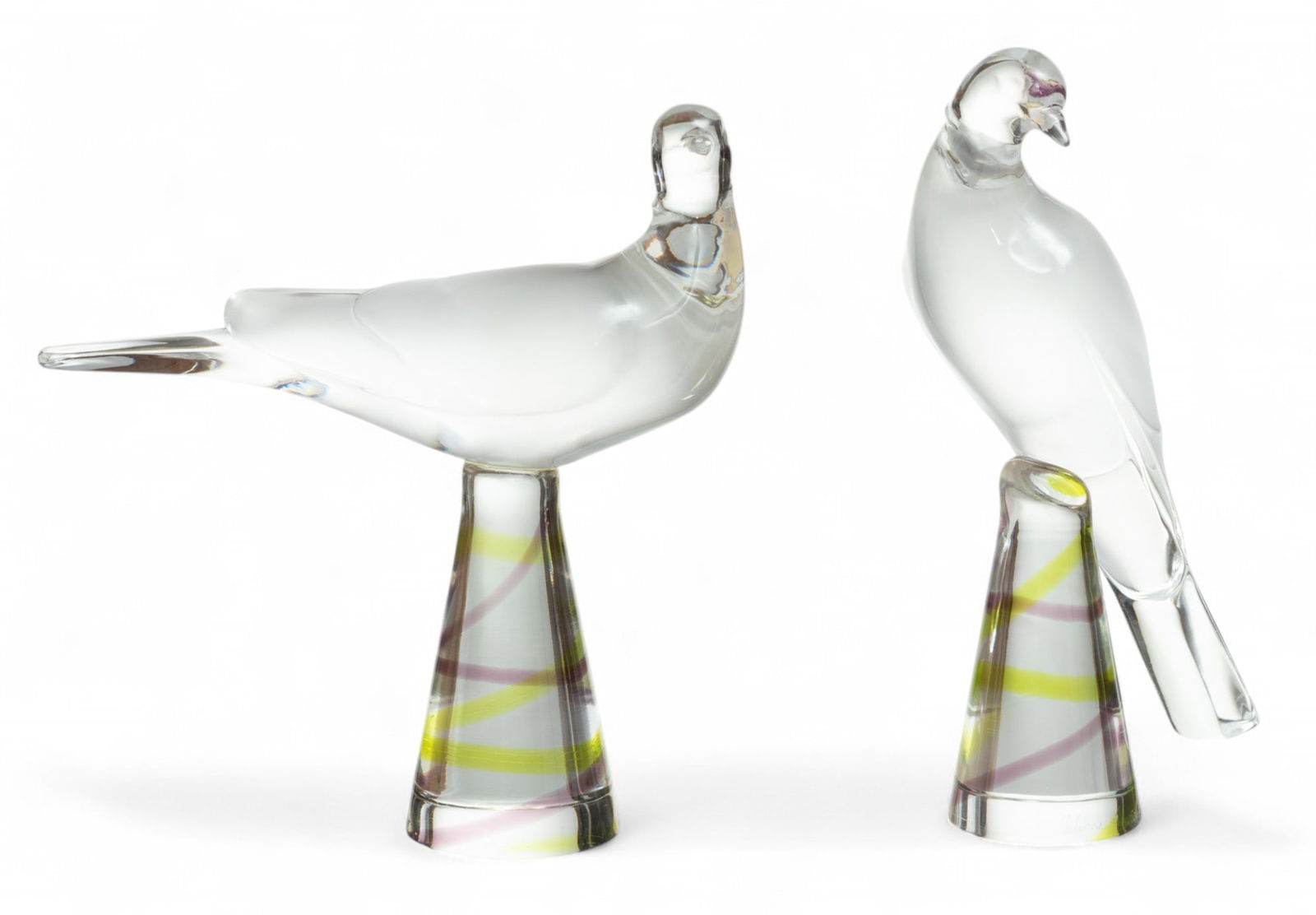 Lalique (French) 'Tourterelle' Frosted Crystal Bird Figures, Colored Swirl Bases (1 of 6)