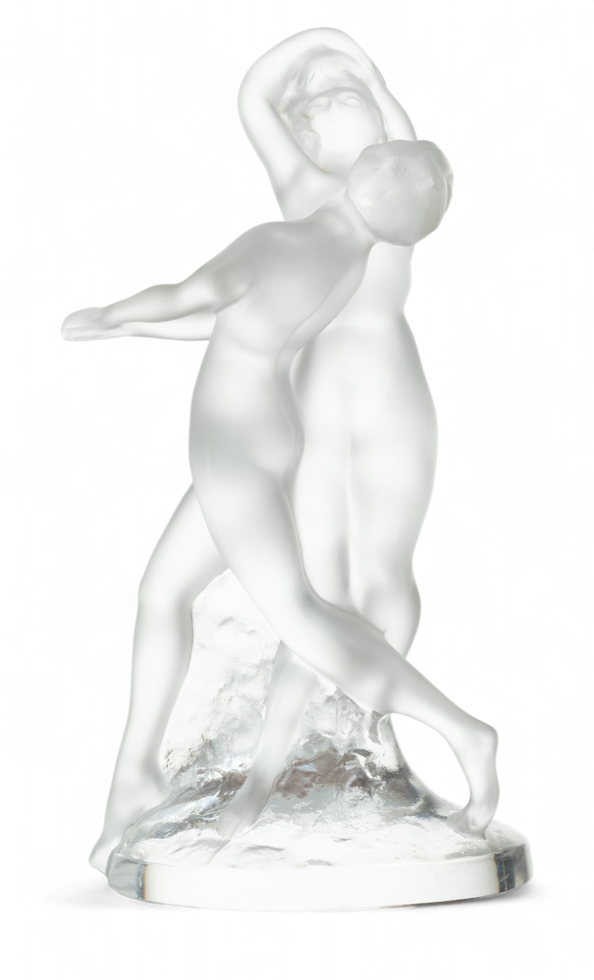 Lalique (French) 'Deux Danseuses' Frosted Crystal Statuette: Lalique (French) 'Deux Danseuses' Frosted Crystal Statuette Depicting two nude women engaged in a pas de deux. Bearing signature branding incised to the underside. Dimensions: 1 PC x H 10" W 6" Depth 