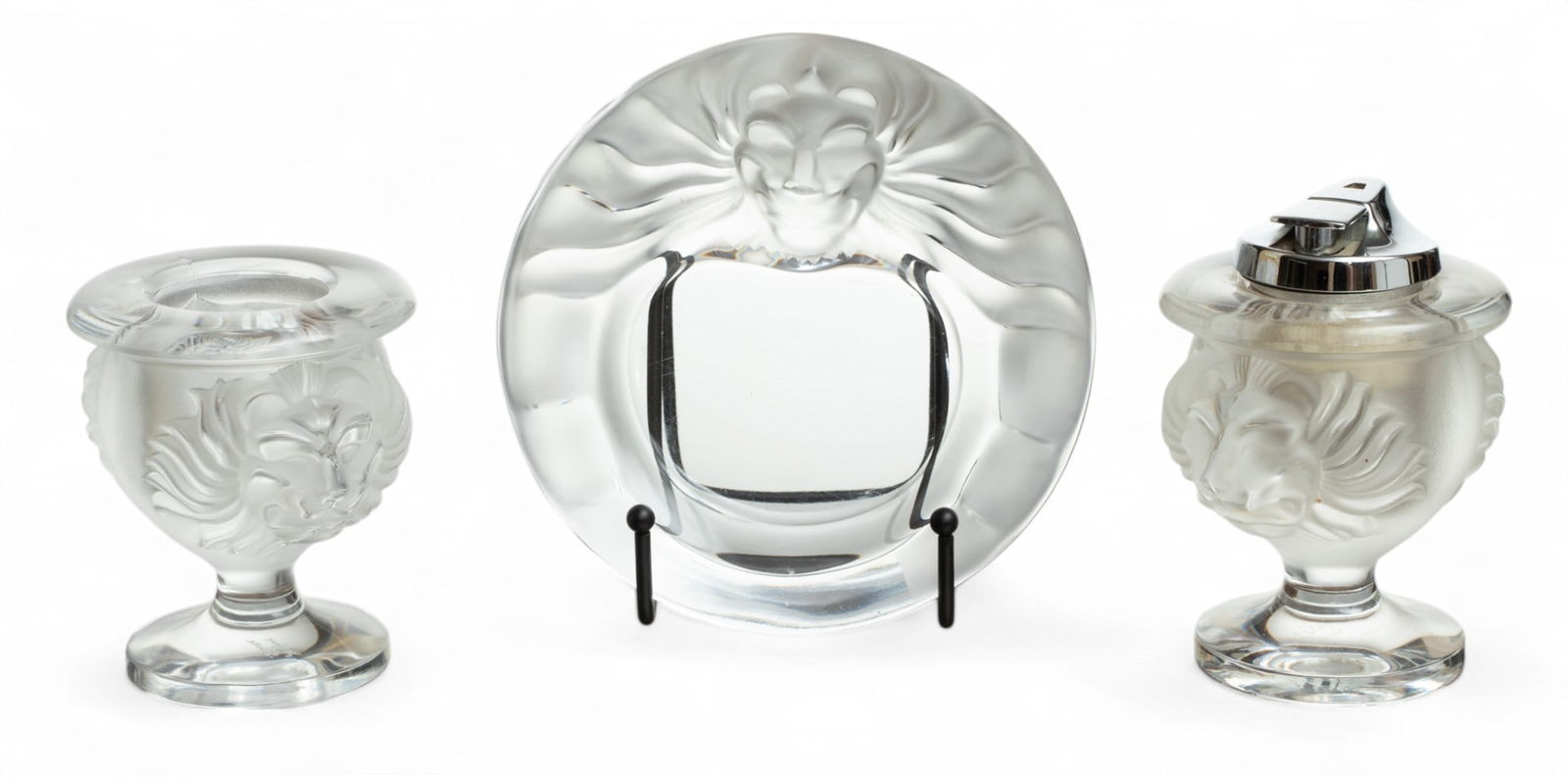 Lalique (French) 'Lion' Frosted Crystal Lighter, Ash Receiver, And Cigarette Urn, 5.7", 3.7" (1 of 3)