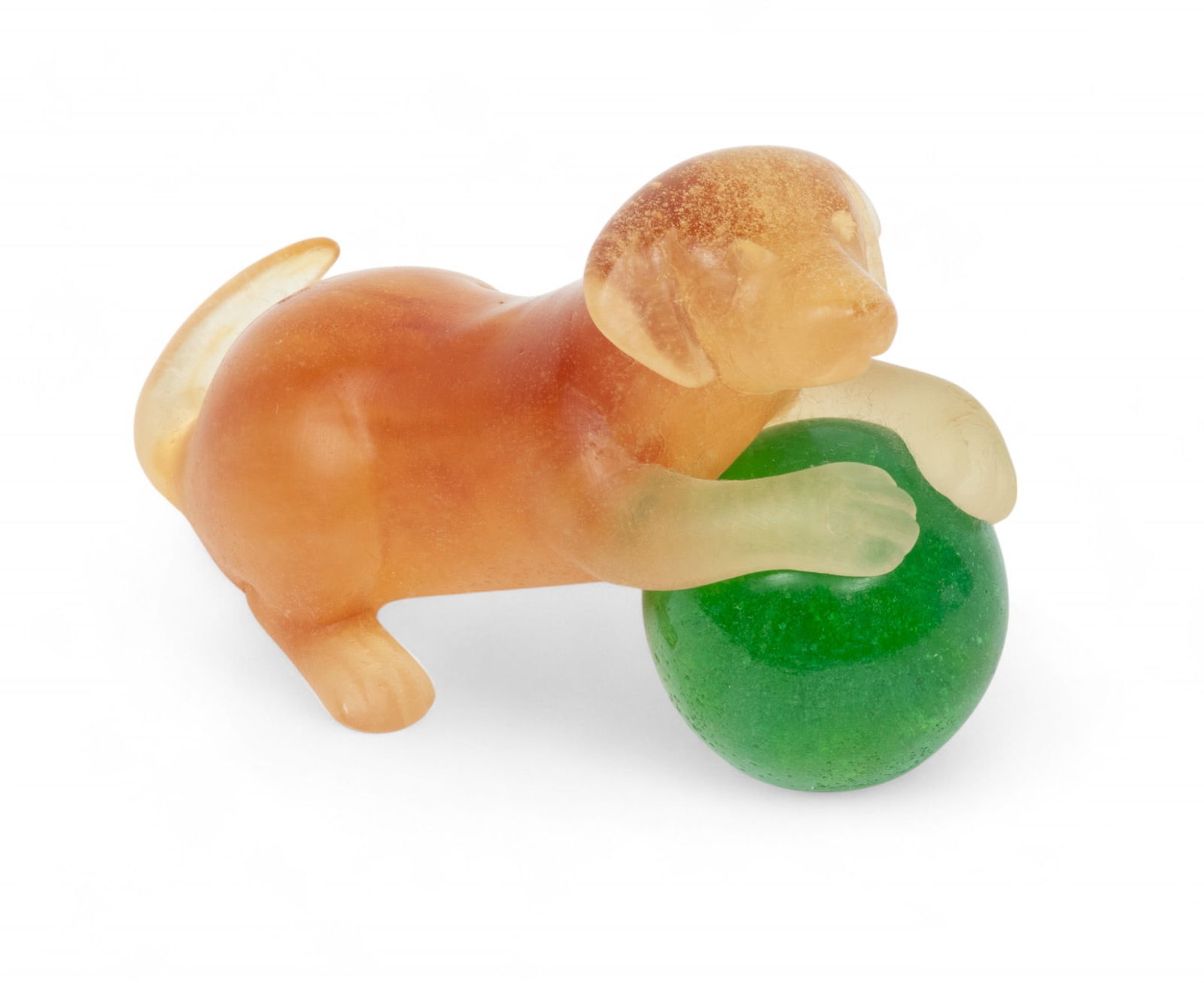 Daum (French) Pate-De-Verre Animal Sculpture, 'Chiot Et Ballon (Puppy And Balloon)': Daum (French) Pate-De-Verre Animal Sculpture, 'Chiot Et Ballon (Puppy And Balloon)' The pate-de-verre sculpture depicting an amber hued puppy and green balloon. Accompanied with original grey box, mea