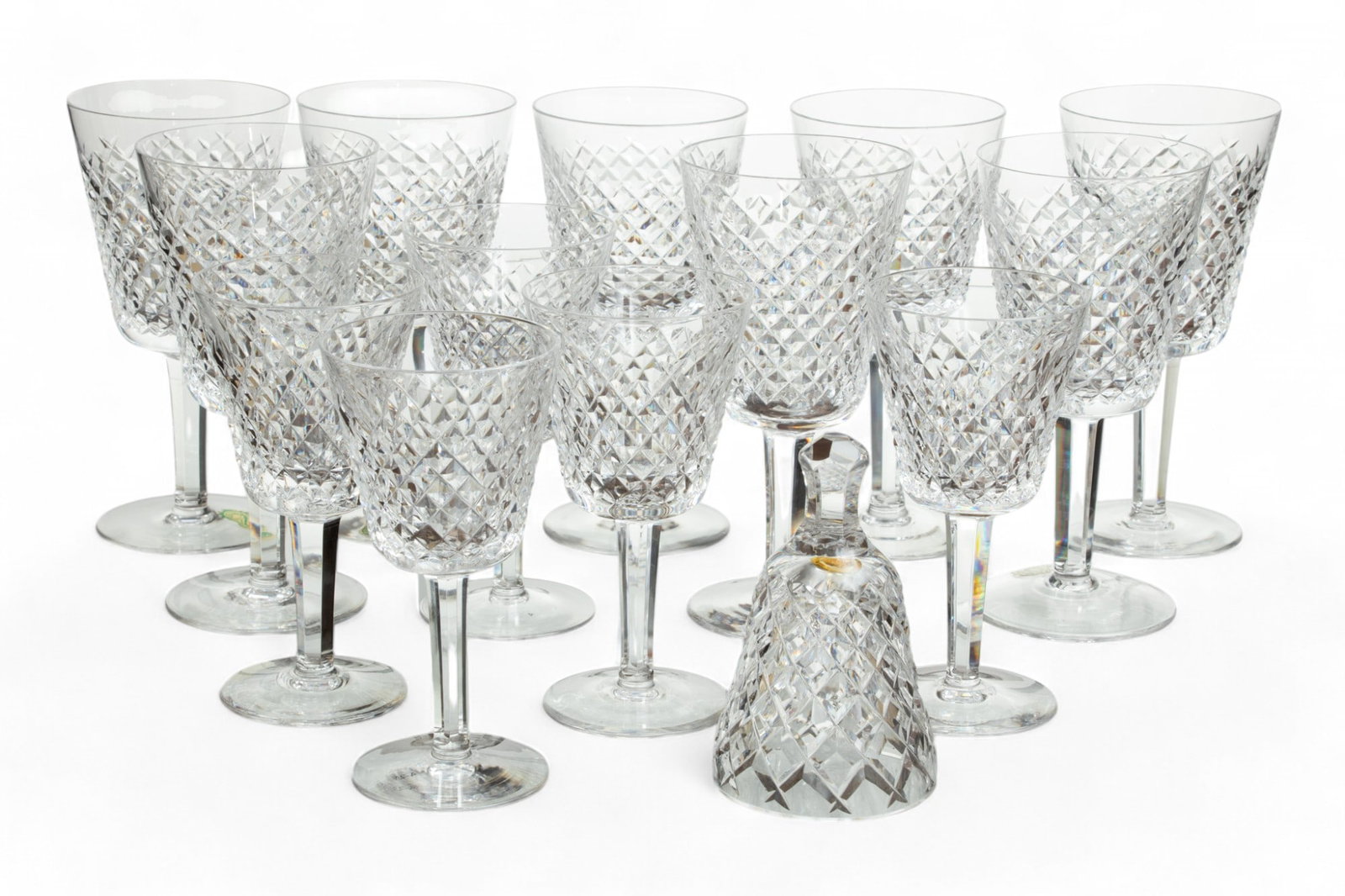 Waterford (Irish) 'Alana' Crystal Water Goblets, Claret Wine Glasses & Dinner Bell: Waterford (Irish) 'Alana' Crystal Water Goblets, Claret Wine Glasses & Dinner Bell Hand cut. Made in Ireland. 8 Water goblets H 6.8". 5 wine goblets H 5.8". Dinner bell. Dimensions: Water goblet