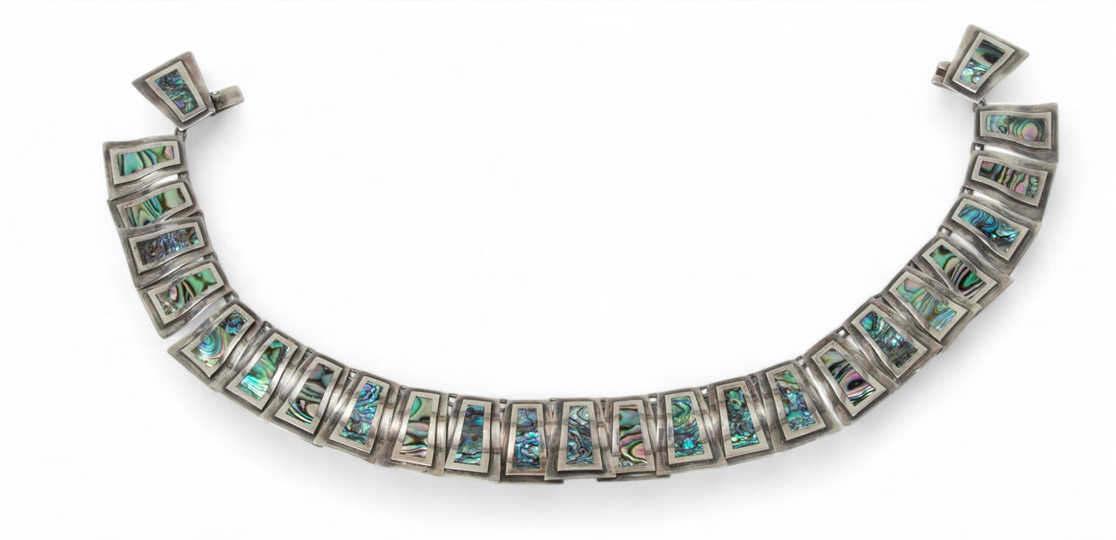 Taxco Sterling Silver & Mother of Pearl Necklace: Taxco Sterling Silver & Mother of Pearl Necklace 3.85 troy oz. Dimensions: 1 PC L 14.50"