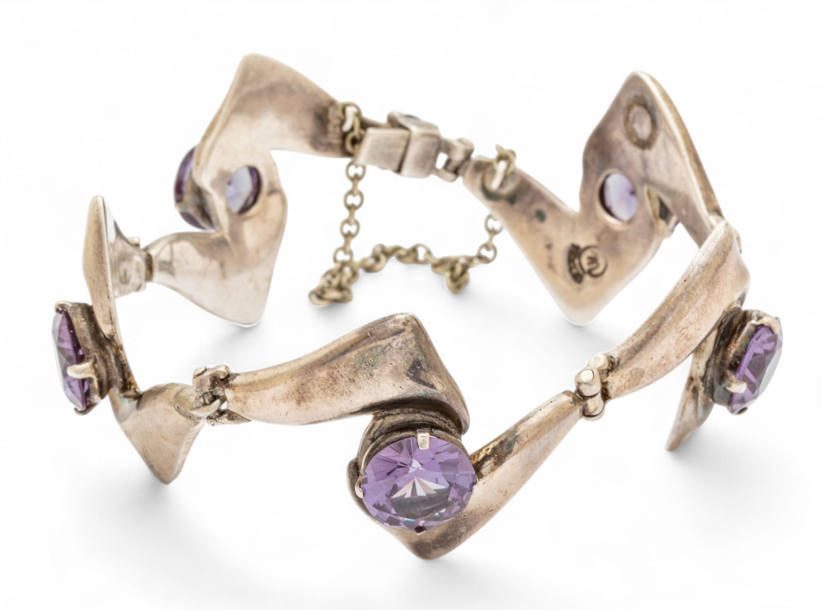 Taxco, (Mexico) Silver Link Bracelet with Five Amethysts (1 of 6)