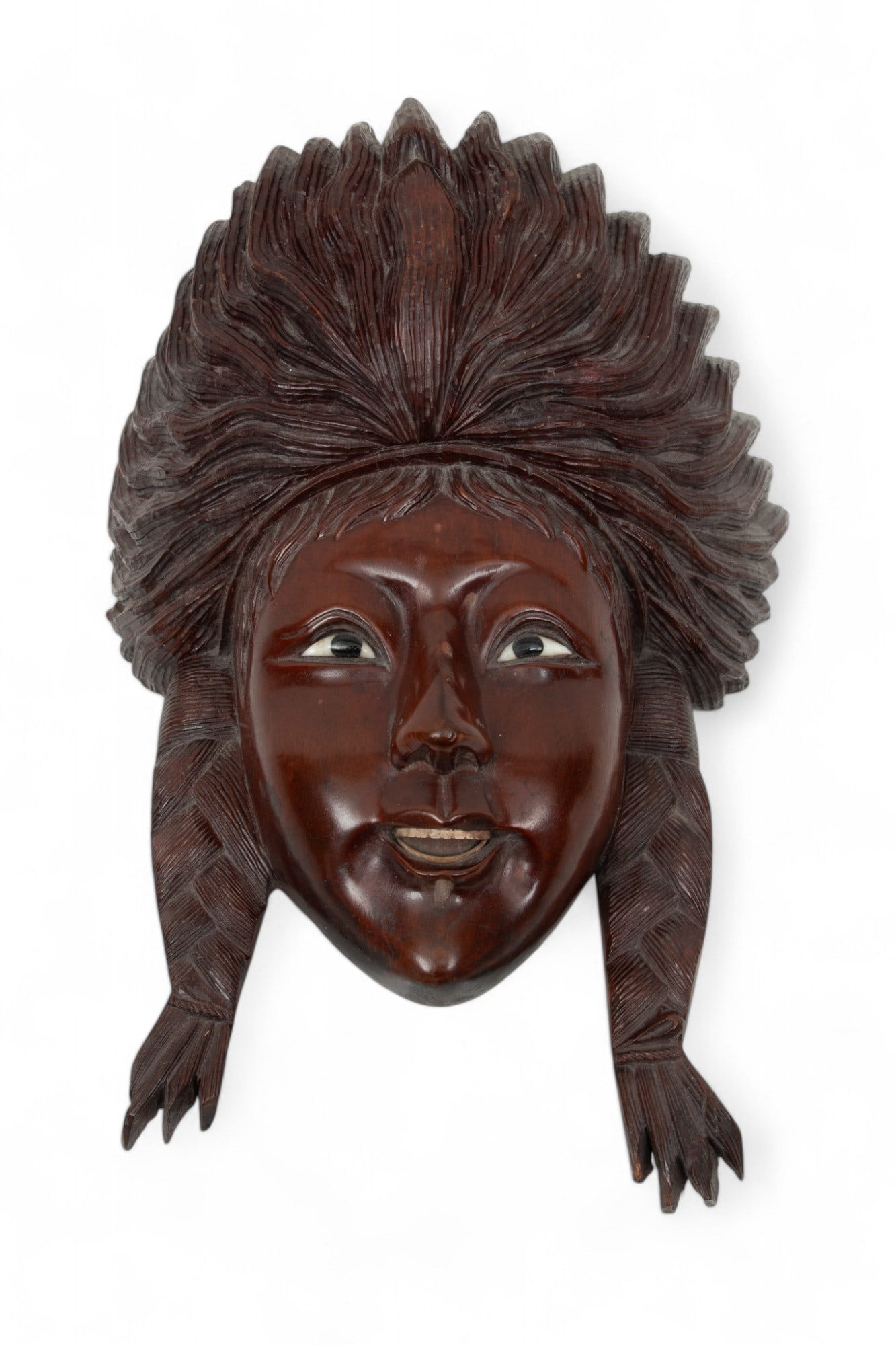 Asian Carved Heavy Rosewood Mask, Girl with Pigtails, Ca. 1940: Asian Carved Heavy Rosewood Mask, Girl with Pigtails, Ca. 1940 Extremely heavy large dense wood. Asian girl with ivory eyes and teeth. Provenance: Property of a Prominent Grosse Pointe, M