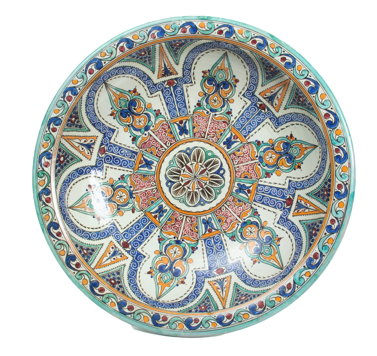 Moroccan, Moorish Handpainted Earthenware Charger: Moroccan, Moorish Handpainted Earthenware Charger Vintage in Arabic. . Signed. Private Collection, Bloomfield Township, Michigan. Dimensions: 1 PC x H 6" Dia 24"