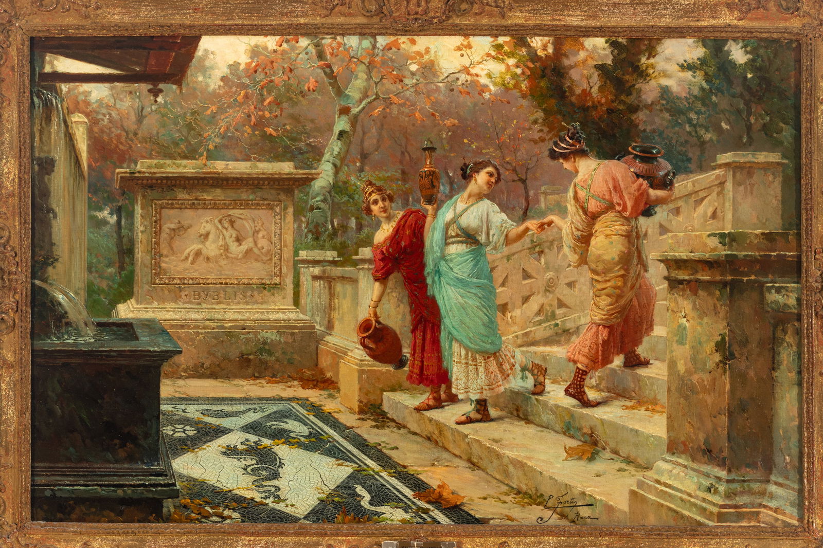 Ettore Forti (Italian, 1850-1940) Oil on Canvas 'At the Fountain': Ettore Forti (Italian, 1850-1940) Oil on Canvas 'At the Fountain' Edoardo Ettore Forti (Italian 1850-1940) Oil on canvas depicting Pompeiian ladies in