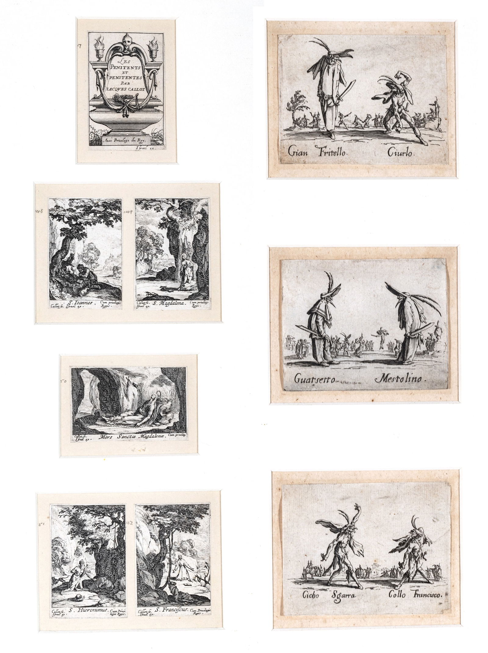 Jacques Callot (French, 1592-1635) Etchings on Paper, 9 Etchings in 2 Frames, Ca. 17th/18th C., 'Les: Jacques Callot (French, 1592-1635) Etchings on Paper, 9 Etchings in 2 Frames, Ca. 17th/18th C., 'Les Penitents Et Penitentes And Balli Di Sfessania' Lot includes three etchings on laid paper from the