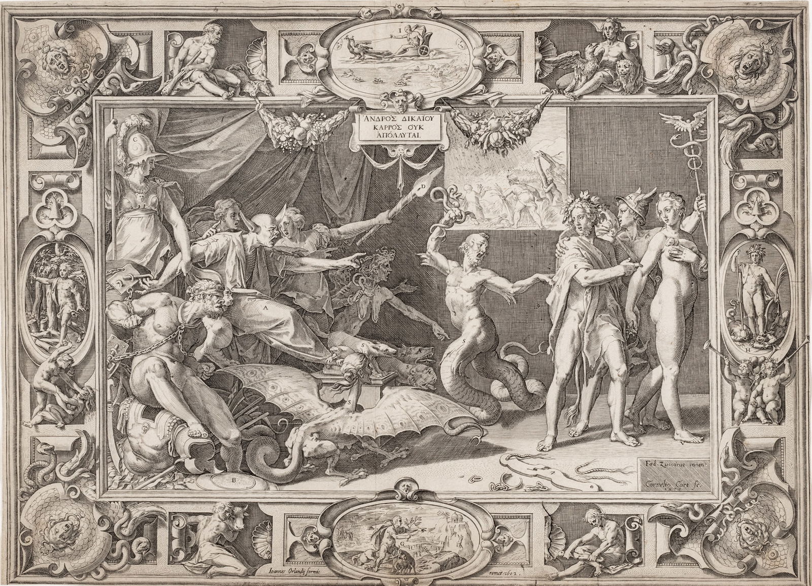 Cornelis Cort (Dutch, 1533-1578) Engraving on Laid Paper, Ca. 1602, 'The Calumny of Apelles': Cornelis Cort (Dutch, 1533-1578) Engraving on Laid Paper, Ca. 1602, 'The Calumny of Apelles' Engraving by Cornelis Cort after Federico Zuccaro. Published by Giovanni Orlandi. On waterma