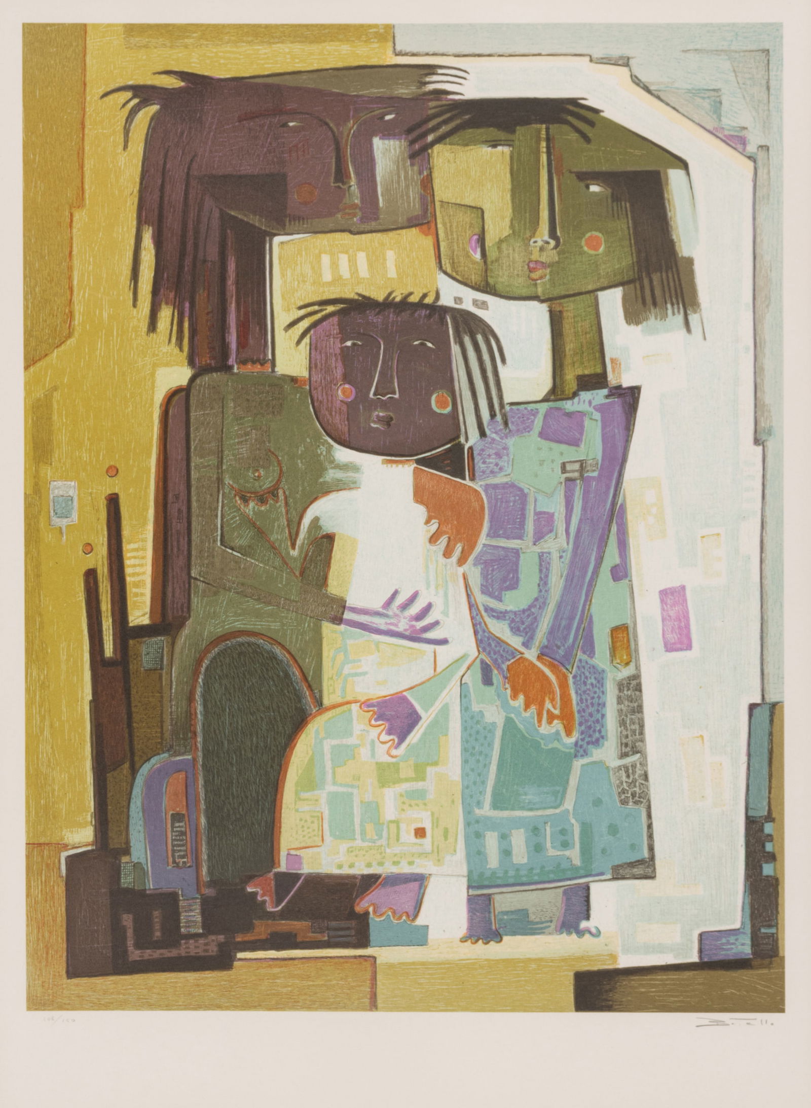 Ángel Botello (Puerto Rican, 1913-1986) Color Lithograph on Wove Paper, 'La Familia': Ángel Botello (Puerto Rican, 1913-1986) Color Lithograph on Wove Paper, 'La Familia' Signed 'Botello' to the lower right and editioned 108/150 to the lower left in pencil. Frame measures H 40.25"