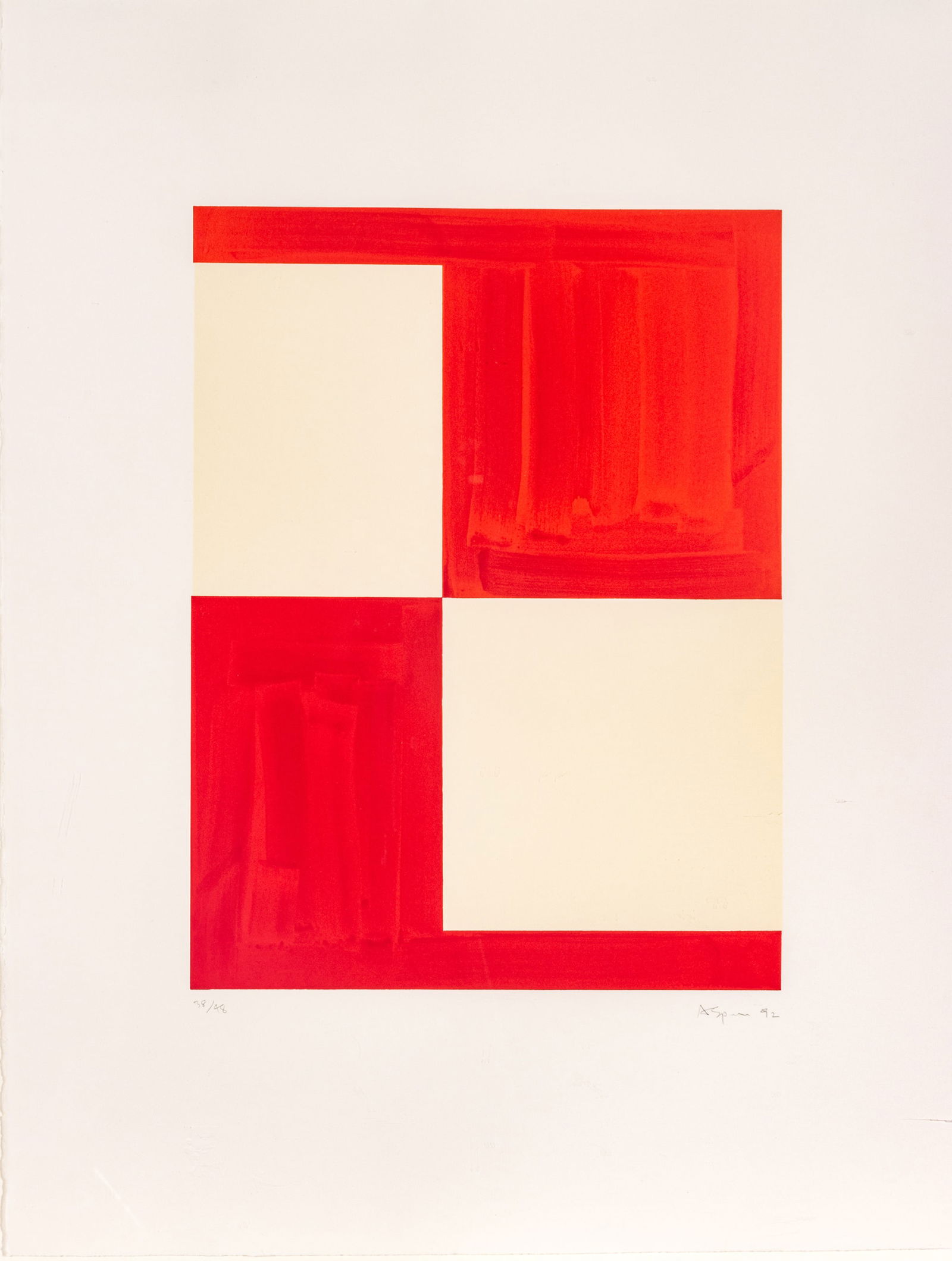 Andrew Spence (American, B. 1947) Lithograph in Colors on BFK Rives, 1992, 'Untitled': Andrew Spence (American, B. 1947) Lithograph in Colors on BFK Rives, 1992, 'Untitled' Signed and dated in pencil lower right and numbered 38/48, published by Olive Press, Cornell University, Ithaca, N