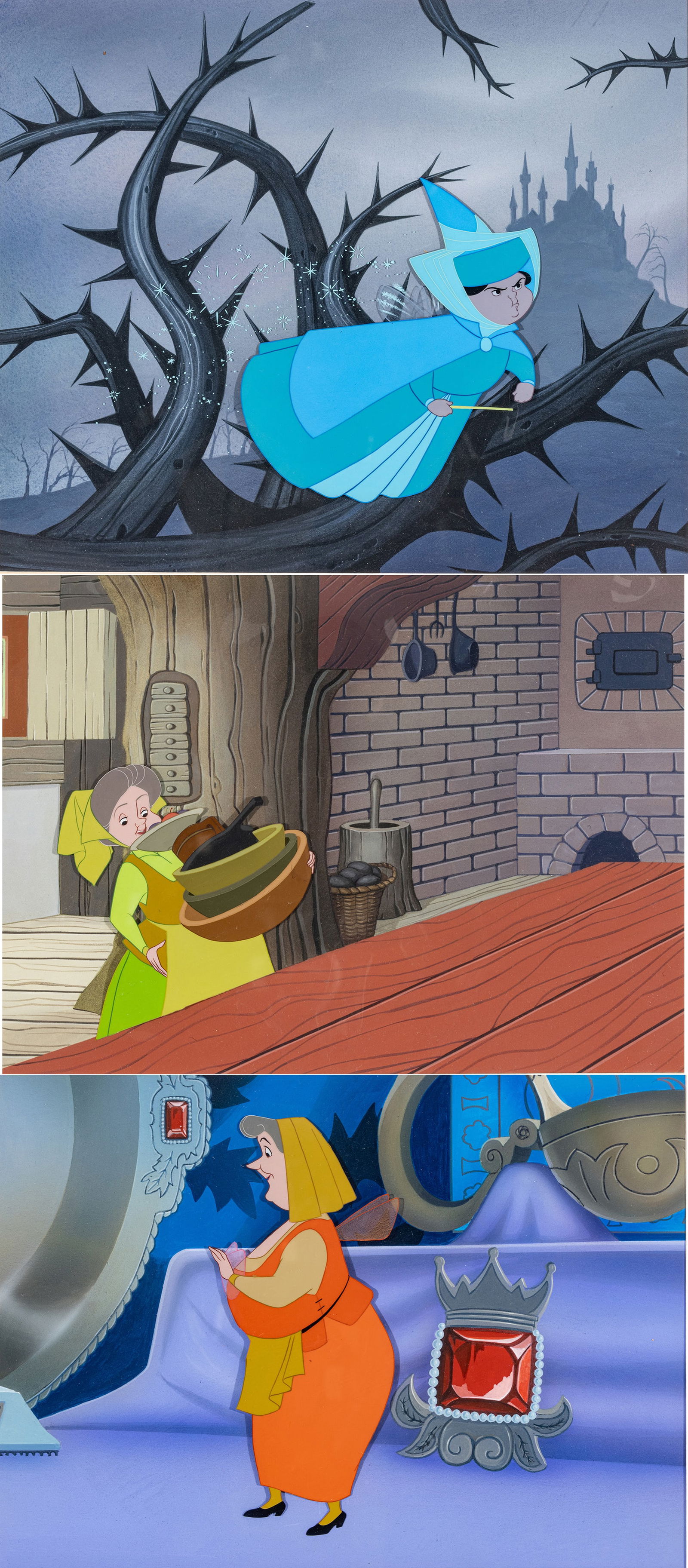 Walt Disney Studios (American) Hand Painted Animation Cels 1959, 'Three Good Fairies: Flora, Fauna, (1 of 11)