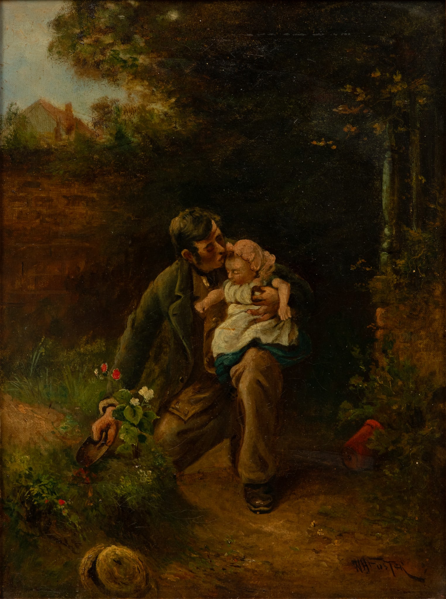 After Arthur Stocks, Signed W H Foster Oil on Canvas, Ca. 1900, 'The Young Helper': After Arthur Stocks, Signed W H Foster Oil on Canvas, Ca. 1900, 'The Young Helper' Signed W H Foster and title on name plate. Father and child in a garden. Provenance: From a Lake Angelus, Mich