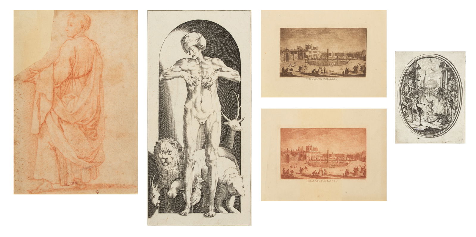 Pietro Monaco, Jacob Matham And Jacques Callot Engravings on Paper with One Red Chalk Sketch, (1 of 10)