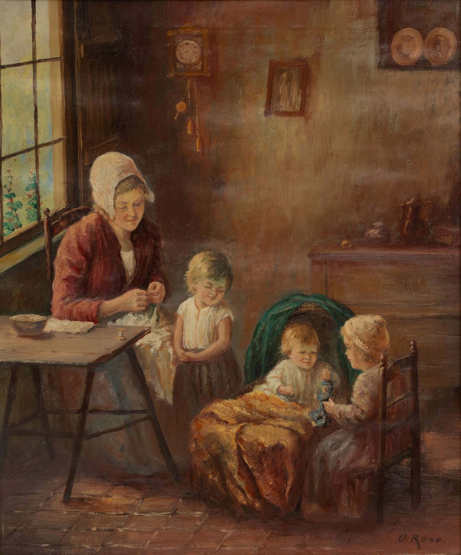 O. Rose, Oil on Canvas Ca. 1930, "Dutch Interior, Family Scene", H 24" W 20" (1 of 5)