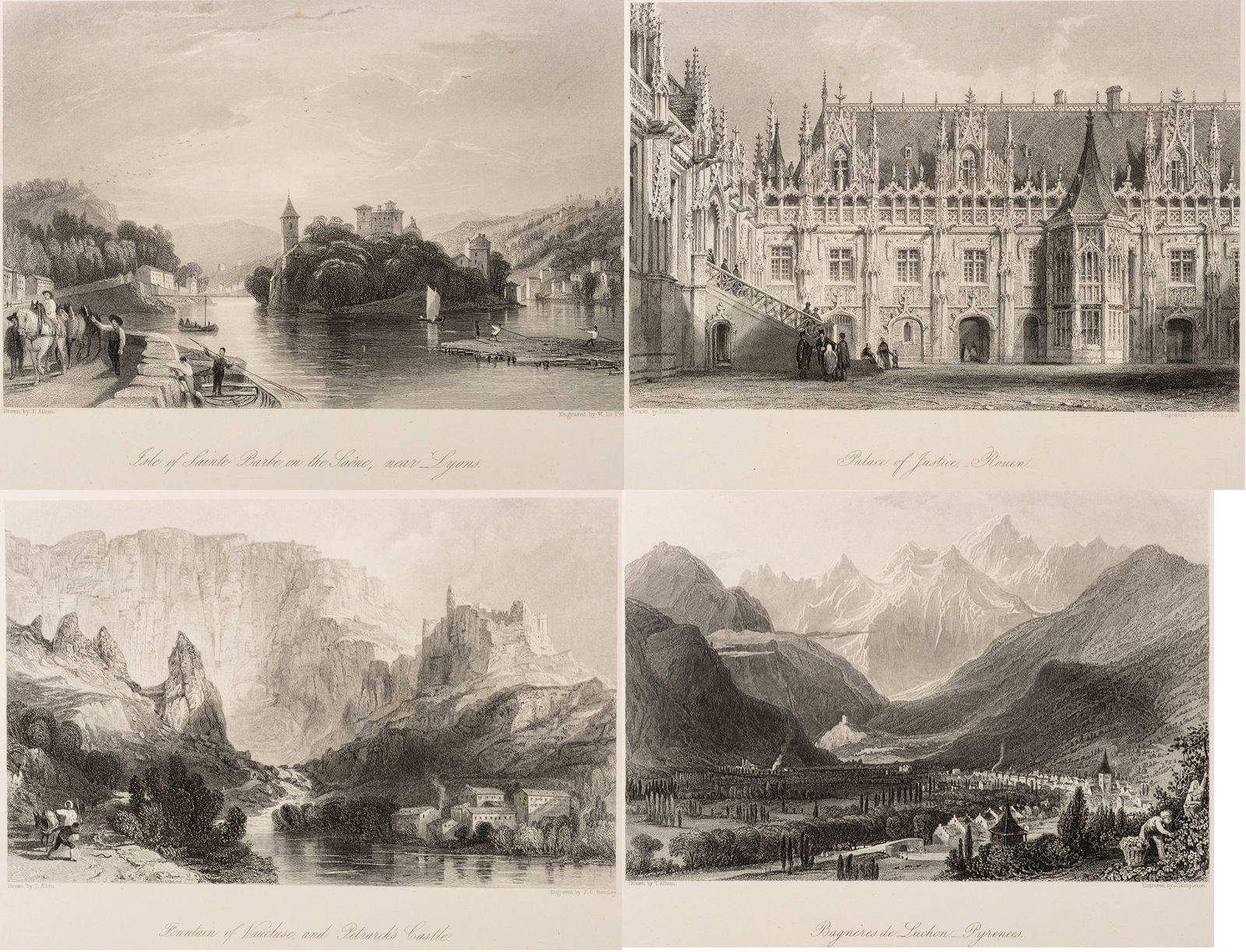 After Thomas Allom (British, 1804-1872) Engraved by JC Bentley Engravings on Paper, "Views of French: After Thomas Allom (British, 1804-1872) Engraved by JC Bentley Engravings on Paper, "Views of French Scenery", 5 Prints H 10" W 13" Cirque de Gavarnie; Bagneres de Luchon-Pyrenees; Isle of Sainte Barb