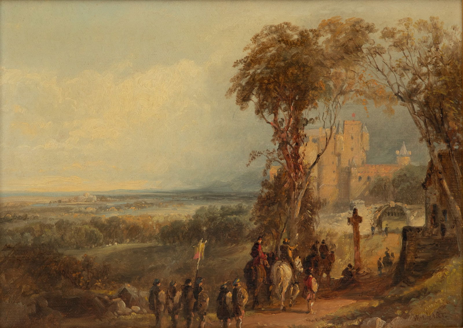 William Hart, NA (Scottish-American, 1823-1894) Oil on Canvas, 'Macbeth's Castle' H 10.3" W 14.3": William Hart, NA (Scottish-American, 1823-1894) Oil on Canvas, 'Macbeth's Castle' H 10.3" W 14.3" Portrays a scene of nobles, armed guards, and attendants making their way towards the gates of Cawdor