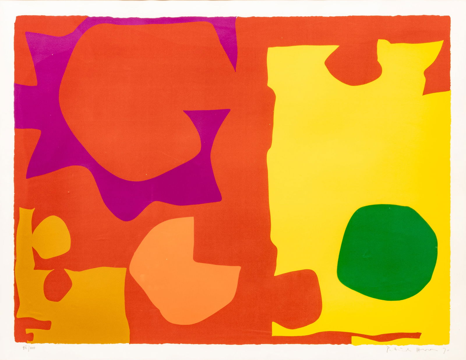 Patrick Heron (English, 1920-1999) Screenprint in Colors on Wove Paper 1970, 'Six in Vermillion with: Patrick Heron (English, 1920-1999) Screenprint in Colors on Wove Paper 1970, 'Six in Vermillion with Green in Yellow' H 30.8" W 23.5" Signed lower right in pencil, dated and numbered 95/100, with full