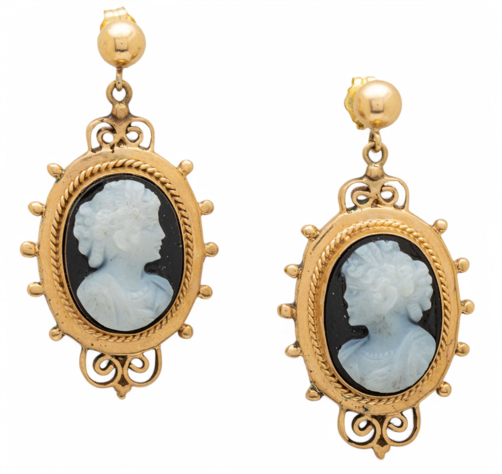 14k Yellow Gold And Cameo Earrings H 1.5" W 0.8" 7g 1.00 Pair (1 of 5)