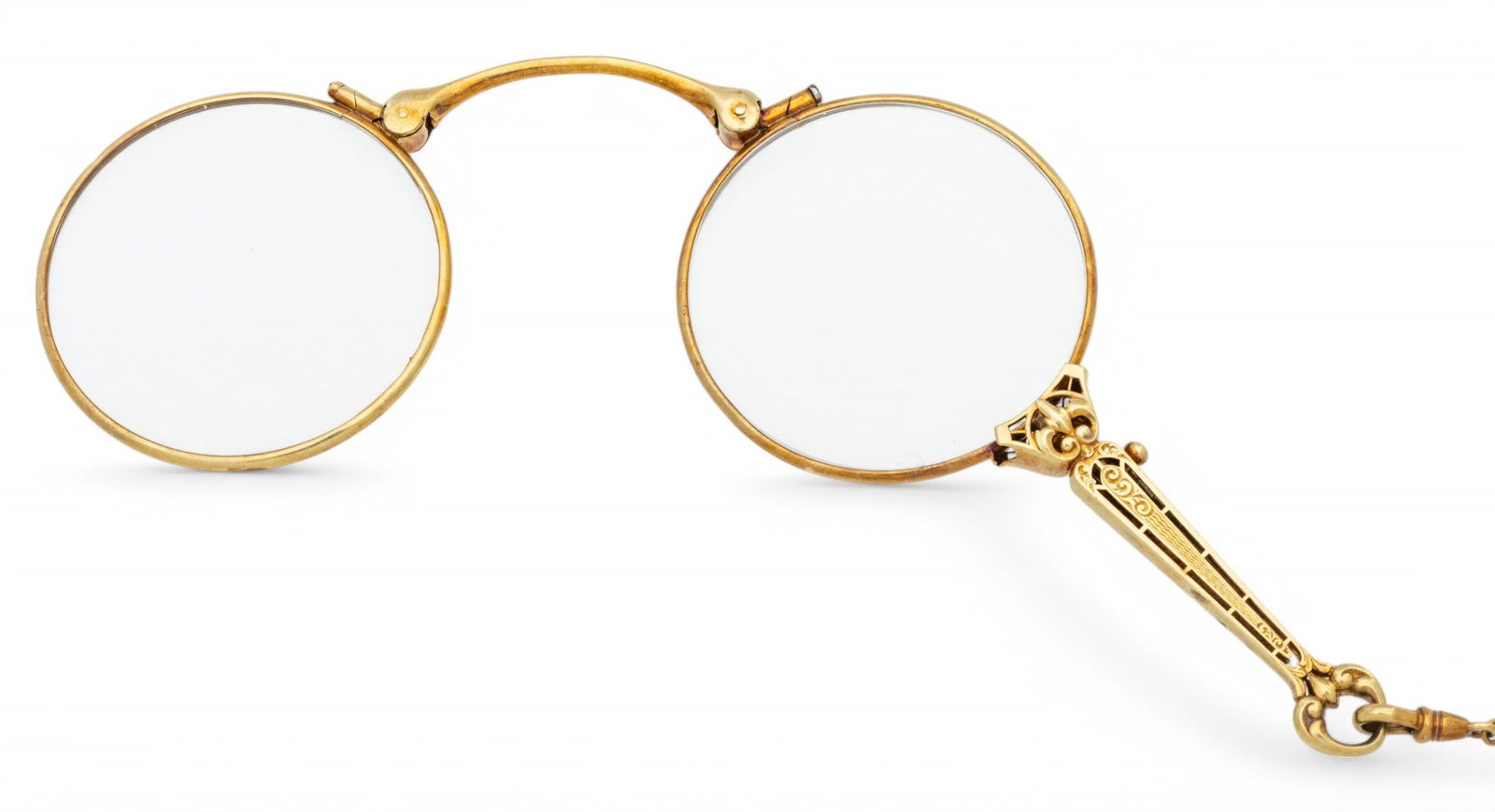 18k Gold Folding Eyeglasses on Chain, Ca. 1920 L 26" 26g 1.00 Pair (1 of 6)