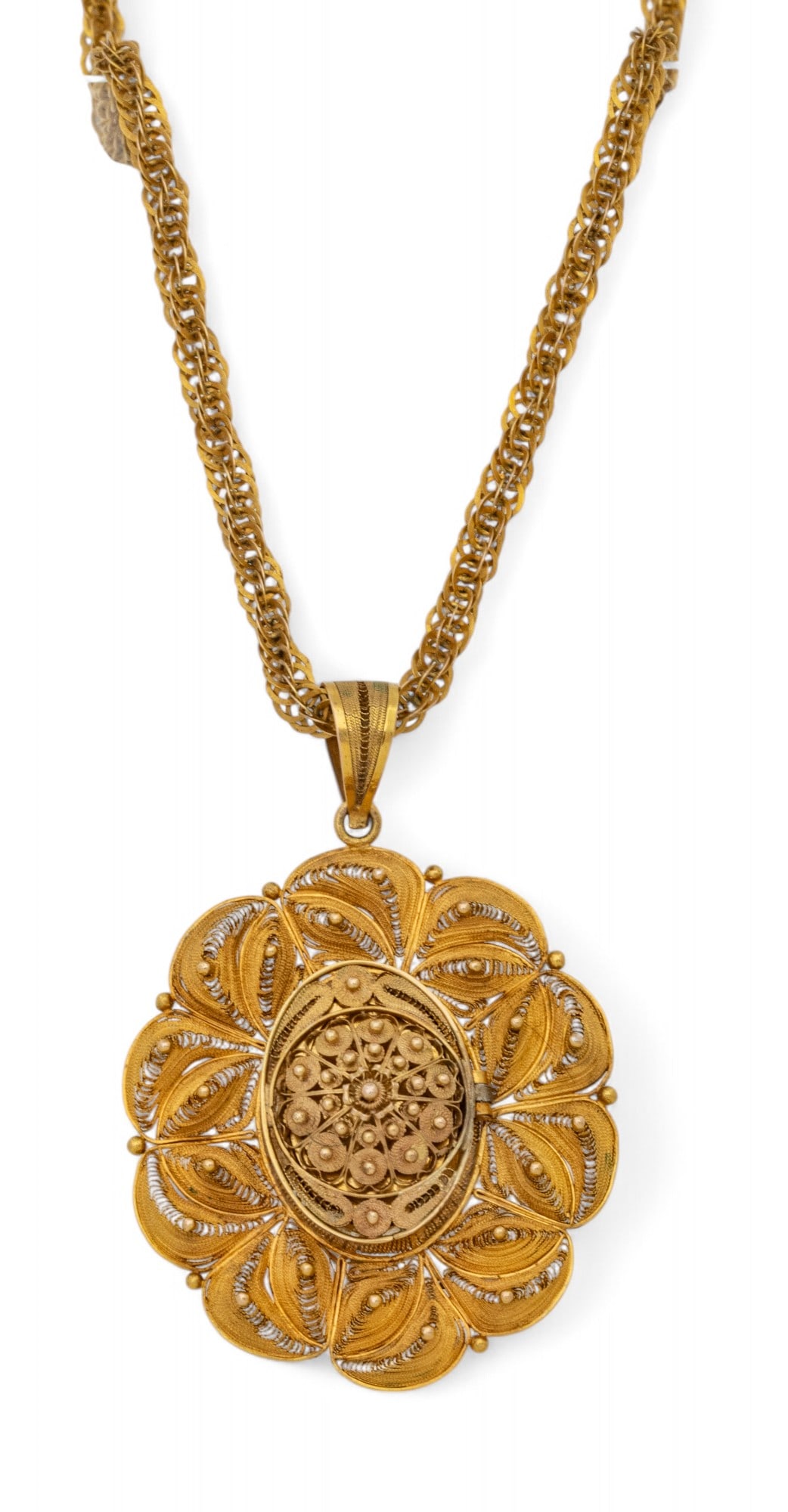 Italian Filigree Pendant 18k Gold Filigree Pendant with Photo Locket, Victorian Chain L 16" 20g (1 of 6)