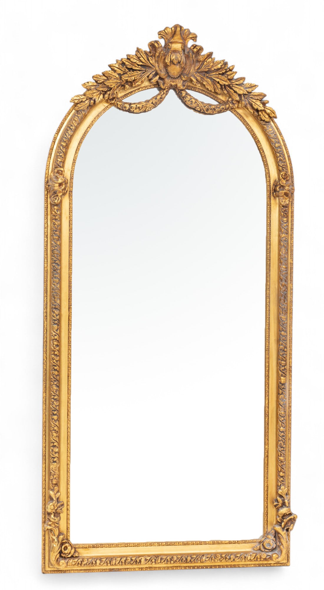 Baroque Style Giltwood And Gesso Hall Mirror, 20th C. H 84" W 38": Baroque Style Giltwood And Gesso Hall Mirror, 20th C. H 84" W 38" Giltwood and gesso frame with floral and leaf designs. Upper shield crest with leaf clusters and floral swags. Beveled glass mirror. D