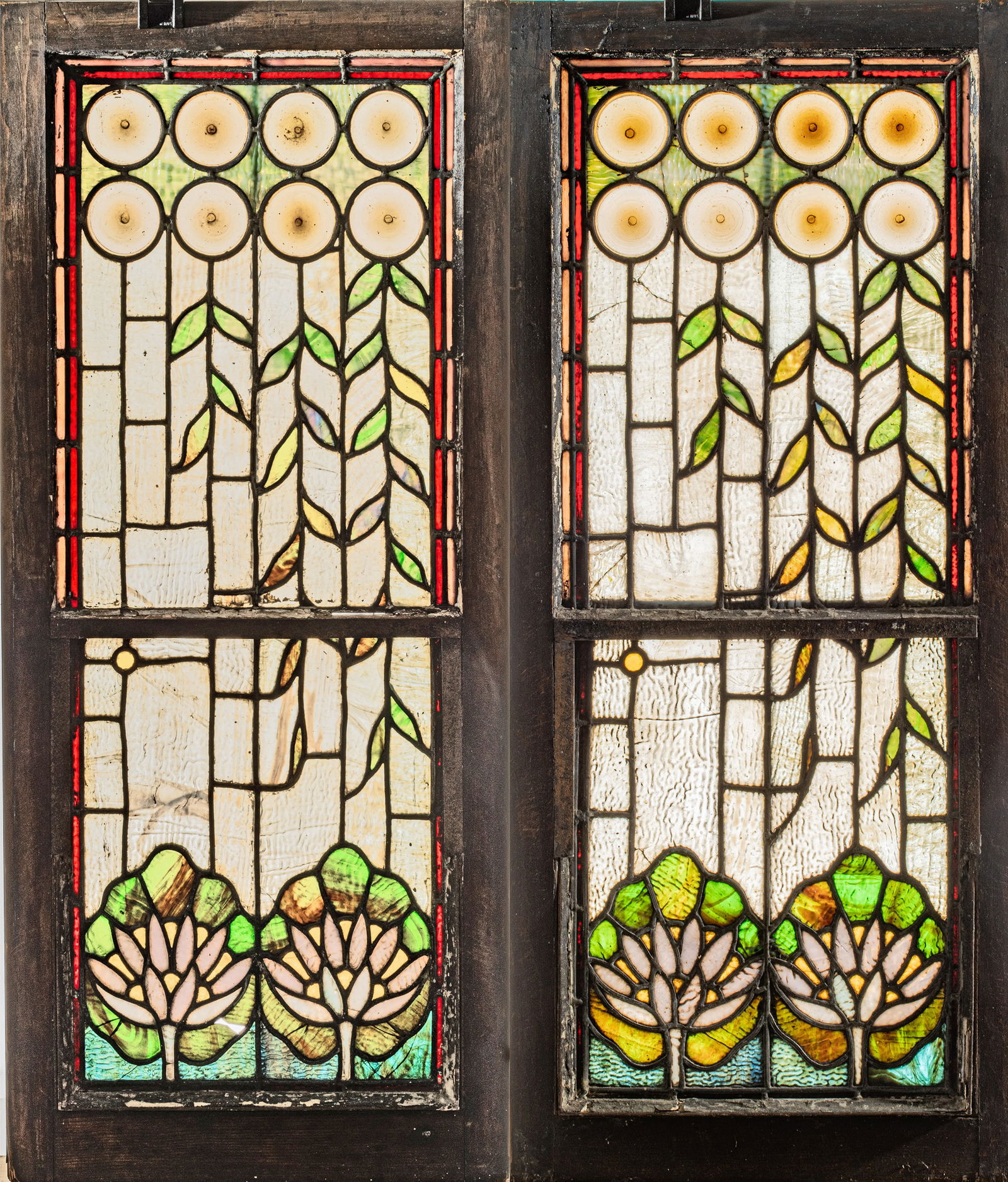 Art Nouveau Leaded Stained Glass Windows, Ca. 1900 H 44" W 20" 1.00 Pair (1 of 13)