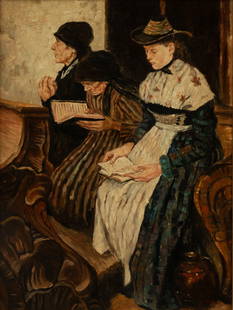 After Wilhelm Leibl (German, 1844-1900) Oil on Mahogany Panel 'Three Women in Church (Die Drei: After Wilhelm Leibl (German, 1844-1900) Oil on Mahogany Panel 'Three Women in Church (Die Drei Frauen in Der Kirche)' H 16.3" W 12" Signed lower right. Depicts three woman representing three generatio