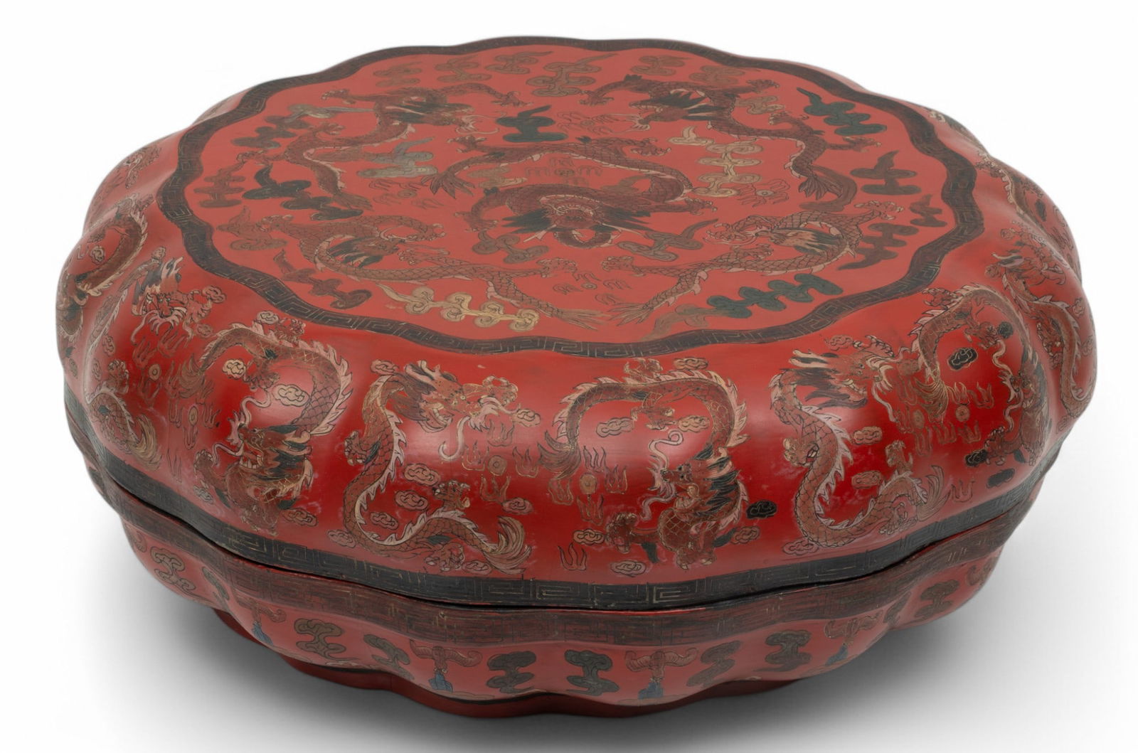 Chinese Red Lacquered Covered Box, Ca. Late 20th Cen. H 7" Dia. 18.8" (1 of 4)