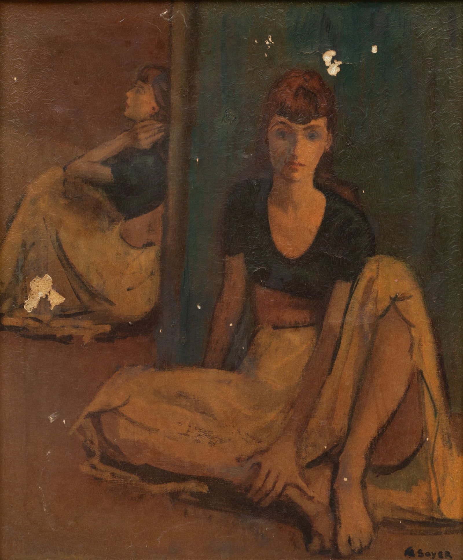In The Manner of Moses Soyer (American, 1899-1974) Offset Lithograph on Paper, 'Danger At Rest': Offset lithograph depicting a young woman seated on the floor in front of a mirror. Signed lower right "M. Soyer" in plate. Titled on frame label. Provenance: Part of a family collection inherited by