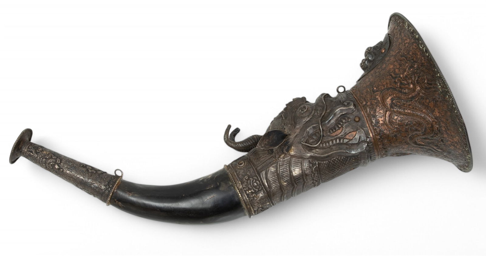 Tibetan Copper, Horn And White Metal Dbang Dung Trumpet, Ca. 19th/early 20th C. L 14.5" Dia. 6" (1 of 5)