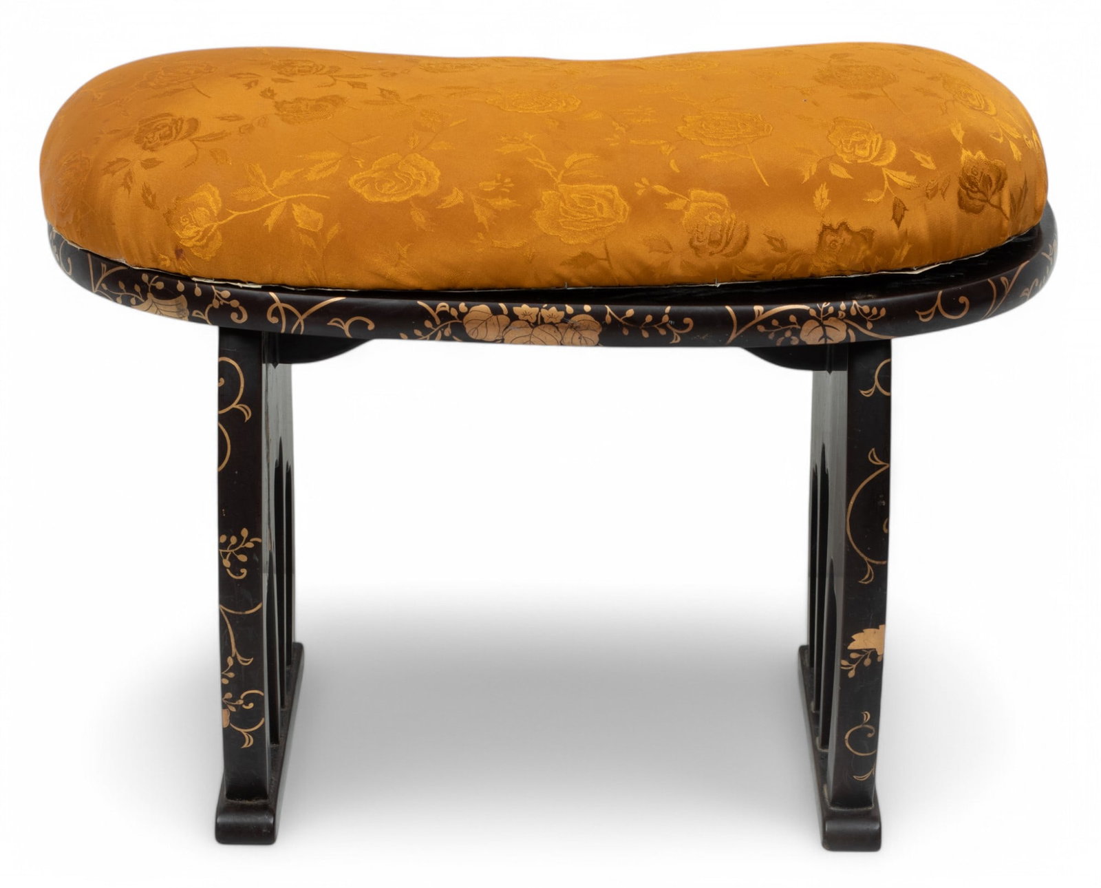 Japanese Black And Gold Lacquer Crescent Form Stool 1920 H 8" W 12" L 17": Japanese Black And Gold Lacquer Crescent Form Stool 1920 H 8" W 12" L 17" Trestle base hand decorated with gold. Yellow silk fabric cover. Provenance: Property of a Bloomfield Hills, MI private collec