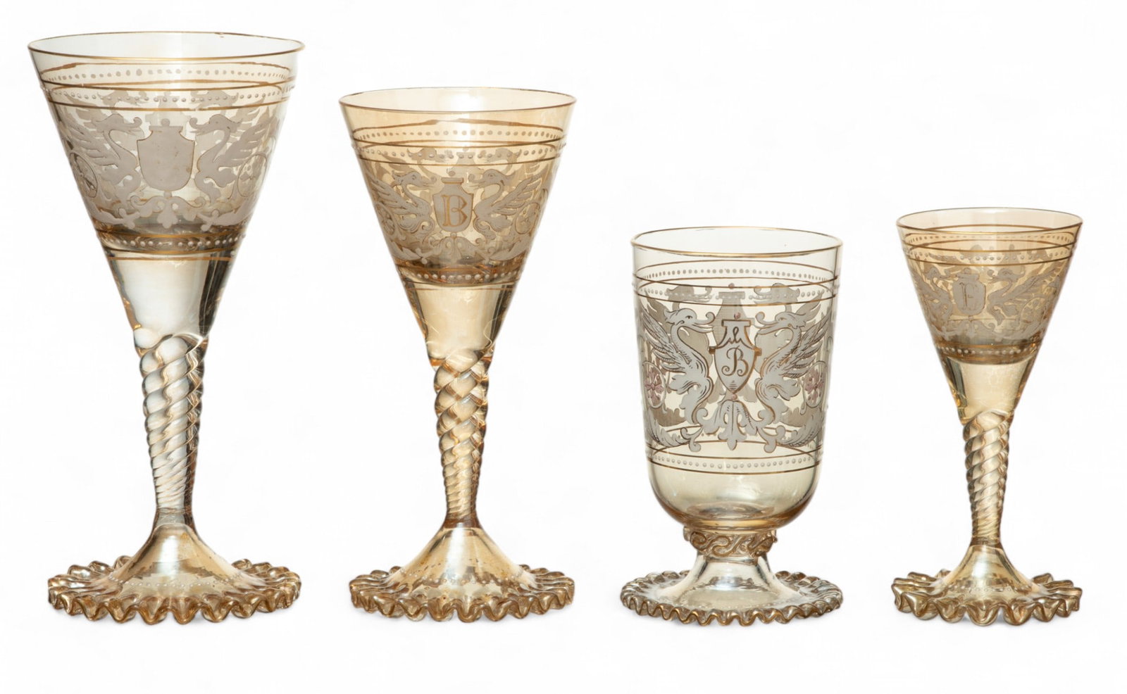 Bohemian Enamel Crest, Blown Glass Stemware Set, Ca. 1900 H 8'' Dia. 3.8'' 22.00: Bohemian Enamel Crest, Blown Glass Stemware Set, Ca. 1900 H 8'' Dia. 3.8'' 22.00 Bird, urn, and scrolling leaf white enameling with fired gold accents. 5 Large goblets H. 8"; 5 medium wine goblets H. 